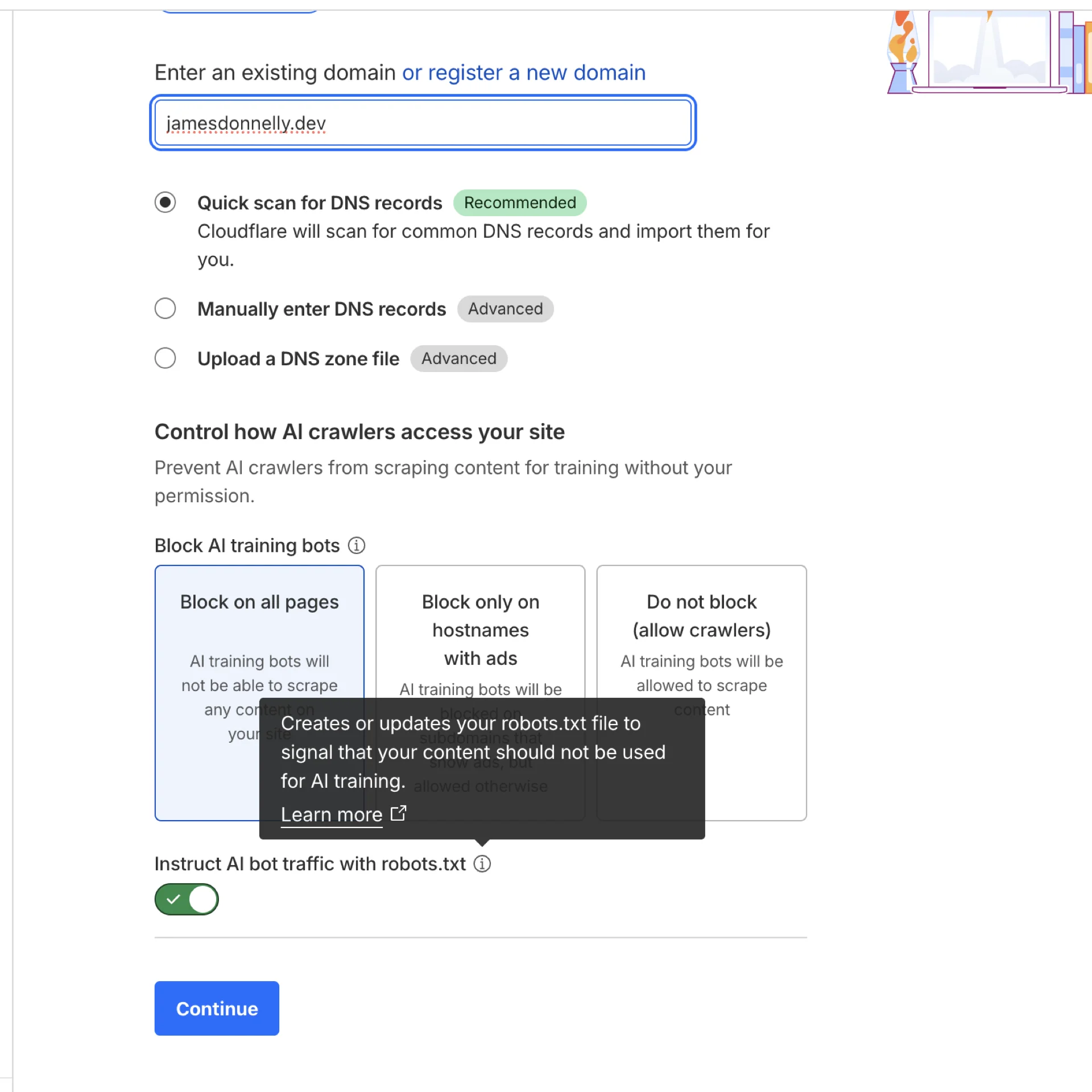 Cloudflare dashboard showing bot management settings